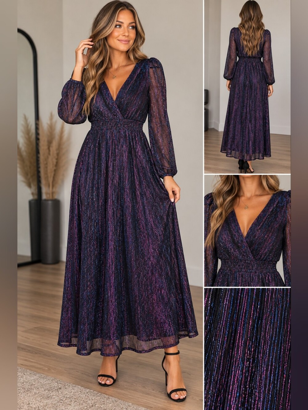 SHEIN Metallic Pleated Shimmer Maxi Dress Size M Purple Blue Long Sleeve